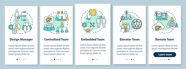 Tipos de trabajo en equipo que incorporan la pantalla de la página de la aplicación móvil con conceptos. trabajo colaborativo en el tutorial del proyecto instrucciones gráficas de 5 pasos. plantilla de vector de interfaz de usuario con ilustraciones en color rgb