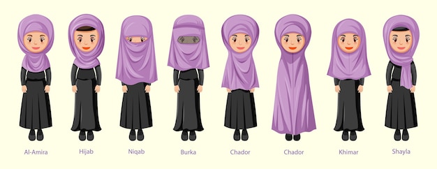 Tipos de velos tradicionales islámicos de mujer en personaje de dibujos animados