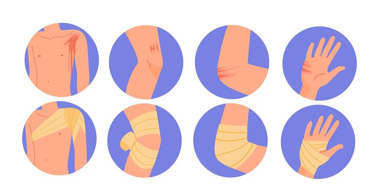 Vector tipos de vendajes establecidos cura para el hombro, el codo de la rodilla y la atención médica y el tratamiento de la medicina