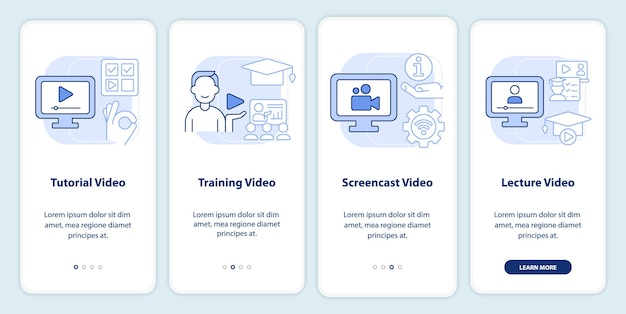 Tipos de video de microentrenamiento pantalla de aplicación móvil de incorporación azul claro