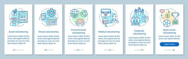 Tipos de voluntariado incorporación de plantilla de vector de pantalla de página de aplicación móvil. Oportunidades de voluntariado a través de los pasos del sitio web con ilustraciones lineales. Concepto de interfaz de teléfono inteligente UX, UI, GUI