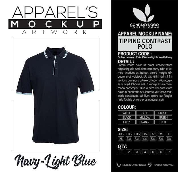 Tipping Contrast Polo NavyLight Blue Vestido Mockup Diseño de obras de arte