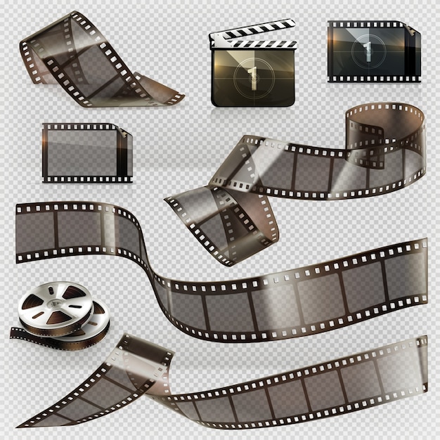Vector tira de película antigua con conjunto de iconos de transparencia