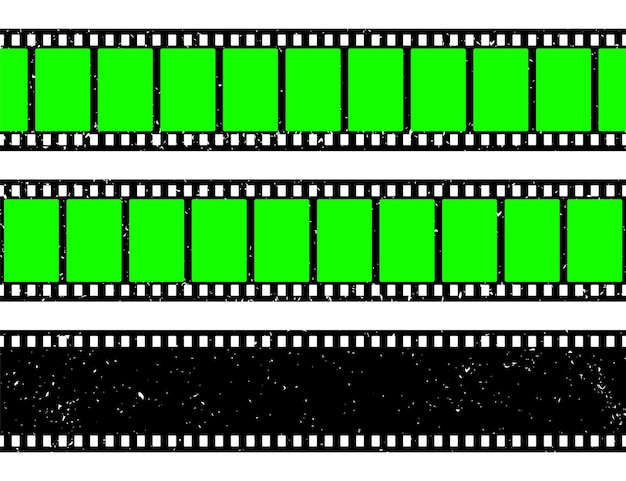 Vector tira de película grunge realista rollo de cámara vieja tira de película de cine retro con llave de croma verde en blanco