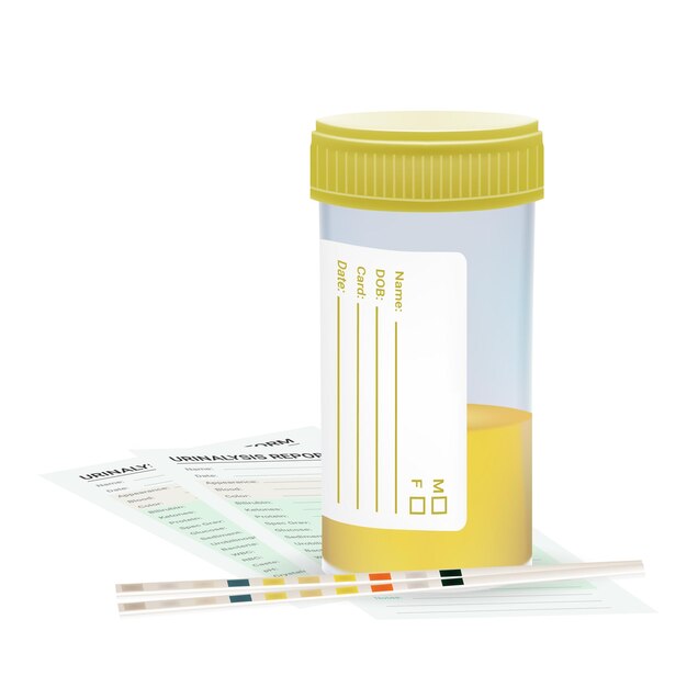 Tira de prueba de orina con el frasco de plástico de orina y examen médico en blanco aislado en un fondo blanco Ilustración vectorial realista