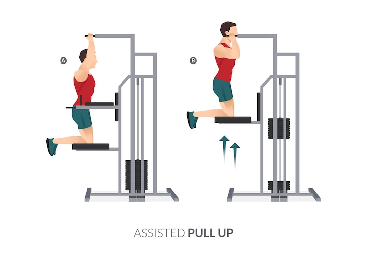 Vector tirada asistida, men gym entrenamiento fitness, aerobic y ejercicios.