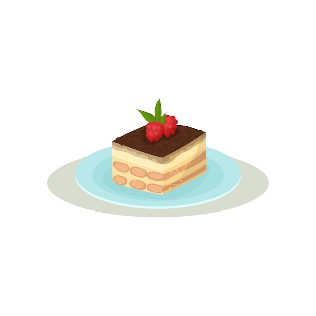Tiramisú con glaseado de café y dos frambuesas en la parte superior Postre italiano apetitoso Comida dulce Icono de vector plano colorido