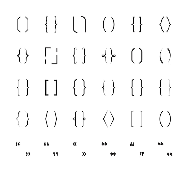 Vector tirantes rizados. los carteles de la escuela de paréntesis imprimen gráficos de símbolos vectoriales de corchetes paréntesis de corchetes, ilustración de carácter de tipo gráfico