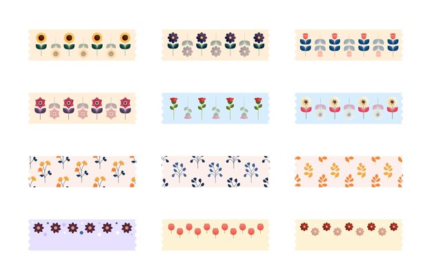 Tiras adhesivas washi de cinta de flores para decoración de texto Conjunto de cinta washi estampada de colores Ilustración vectorial