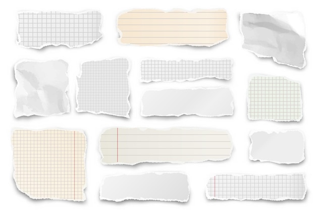 Tiras de papel rasgadas tiras de papel arrugadas realistas con bordes rasgados fragmentos de páginas de cuadernos vector