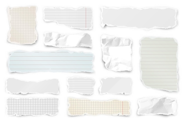 Tiras de papel rasgadas tiras de papel arrugadas realistas con bordes rasgados fragmentos de páginas de cuadernos vector