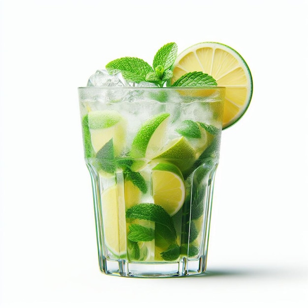 Vector tiro hiperrealista fresco tropical exótico vaso de cóctel de mojito hielo de limón fondo transparente