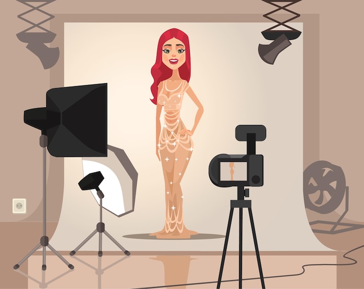 Vector tiro de personaje de modelo de mujer sonriente. ilustración de dibujos animados plana