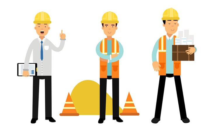 Vector titulado o arquitecto con sombrero amarillo que sostiene el borrador y controla el conjunto de ilustraciones vectoriales del trabajo en el sitio