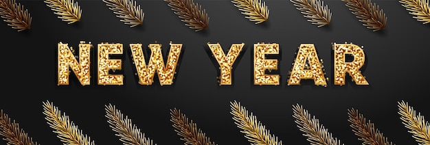 Título de año nuevo en letras mayúsculas con brillo dorado el texto brilla en negrita con ramas de abeto