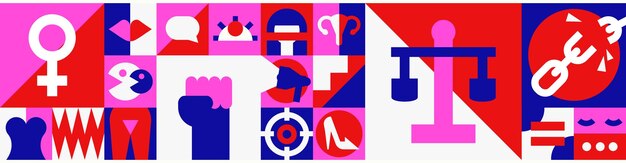 Título del Mes de la Historia de la Mujer Bandeira panorámica feminista geométrica en negrita con patrón de mosaico abstracto
