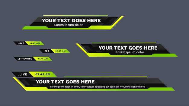 Título de título de video vectorial o plantilla de diseño de barra de noticias de televisión aislada en verde y negro
