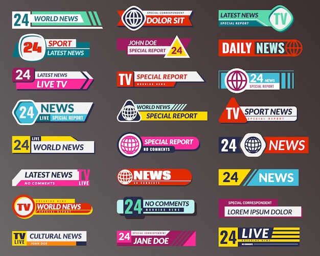 Título de TV Difusión de interfaces gráficas de banner, barra inferior de transmisión de TV. Vector de encabezado de pantalla de noticias de última hora, falso y deportivo aislado