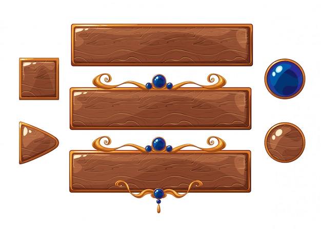 Título de vector de dibujos animados conjunto de banners de madera. Marcos de clasificación de bronce con piedras preciosas azules.