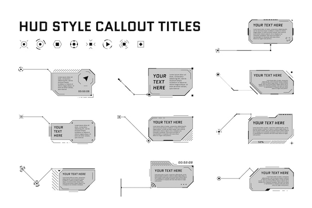 Títulos de llamada de estilo futurista de hud sobre fondo blanco, barras de cuadro de flecha de llamada infográfica y moderno