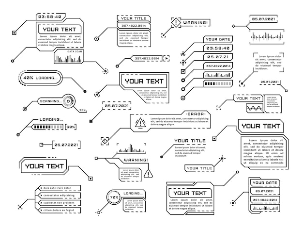 Títulos de llamadas plantilla de llamada digital de tecnología aislada título de texto de estilo hud presentación de cuadro de texto de tecnología futurista conjunto de vector ordenado de marco inferior