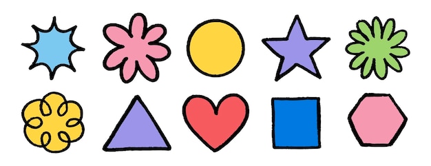 Tiza círculo cuadrado triángulo estrella flor y corazón conjunto lápiz de colores niños formas geométricas figuras dibujadas a mano para niños textura de cartel