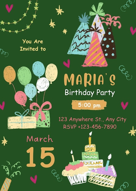 Tiza doodle plantilla de invitación de fiesta de cumpleaños ilustración vectorial tarjeta de invitación para la niña de cumpleañas
