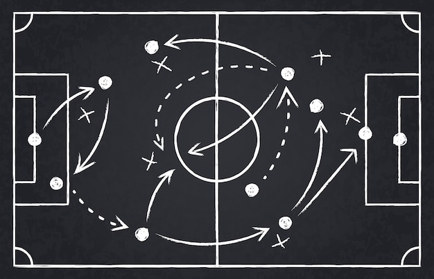 Tiza estrategia de fútbol. estrategia de equipo de fútbol y táctica de juego, conjunto de ilustración de formación de juego de pizarra de campeonato de copa de fútbol. pizarra y pizarra, estrategia del equipo de fútbol.