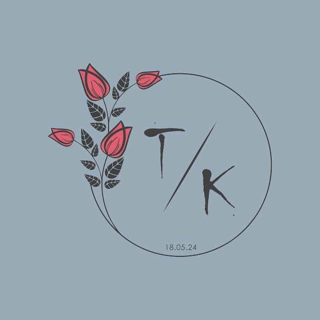 TK monograma inicial algunas rosas Círculo de boda con diseño creativo