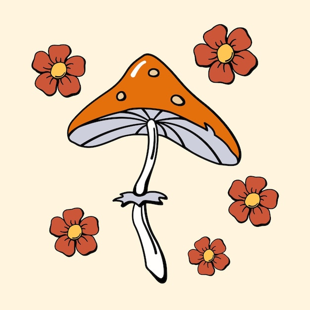 Toadstool amanita seta y flores 70s estilo retro color vector elementos de diseño dibujados a mano