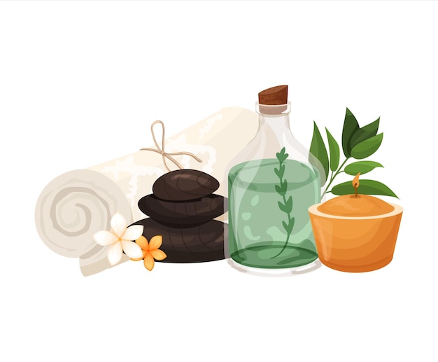 Vector toalla piedras calientes velas botella de vidrio con aceite cosmético con flores en el interior concepto de tratamientos de spa de relajación de masaje composición vectorial aislada sobre fondo blanco