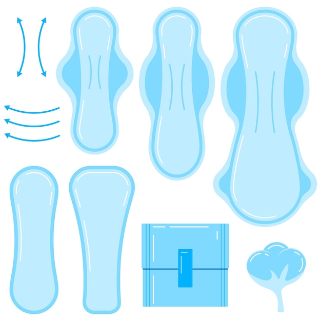 Toalla sanitaria mujer almohadilla menstrual icono vector conjunto aislado sobre fondo blanco Ilustración de dibujos animados de diseño plano productos de higiene íntima femenina de diferentes tamaños con algodón y signo de flechas