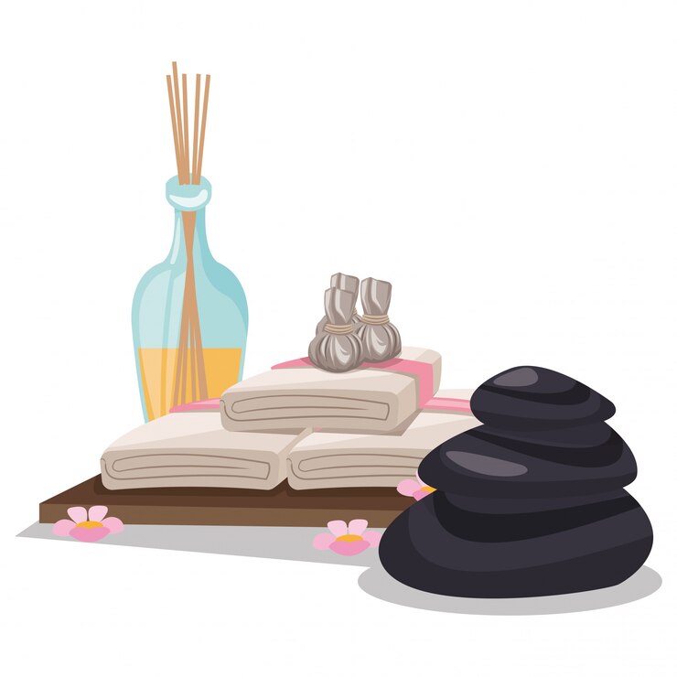 Vector toallas de aceite y el icono de piedras. centro de spa y estilo de vida saludable