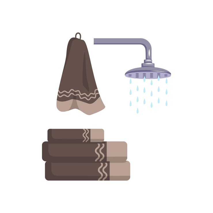 Vector las toallas de baño se apilan y cuelgan y se duchan con gotas de agua artículos para lavar y cuidar el pu ...