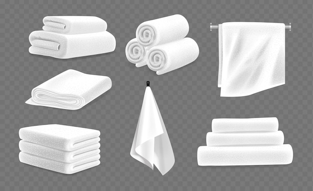 Toallas blancas de terry que incluyen tipos enrollados, plegados y colgantes en fondo transparente 3d vectorial