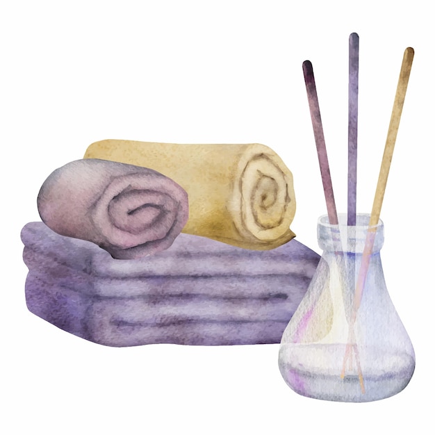 Toallas de cuidado de la piel de spa de acuarela dibujadas a mano paquete de productos de belleza de baño Composición horizontal aislada sobre fondo blanco Diseño para arte de pared complejo de bienestar impresión de tela folleto de tarjeta de portada
