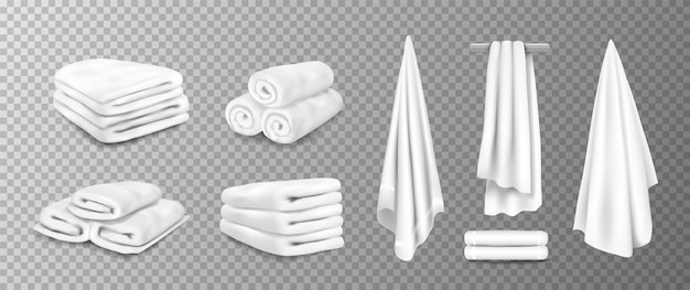 Toallas realistas Toalla de baño 3D Tejido suave enrollado o apilado sobre fondo transparente Artículos de tocador textiles colgados en perchas Material de algodón vectorial para limpiar después de la ducha