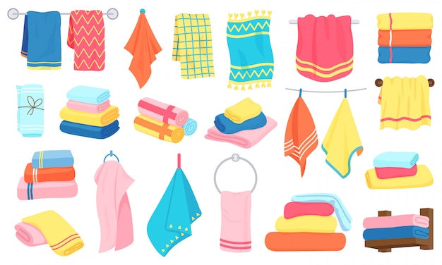 Toallas de tela de dibujos animados. Toallas de baño, cocina, enrolladas y colgantes. Conjunto de iconos de algodón mullido baño textil ilustración. Toalla de baño de algodón, tela textil hotel y playa