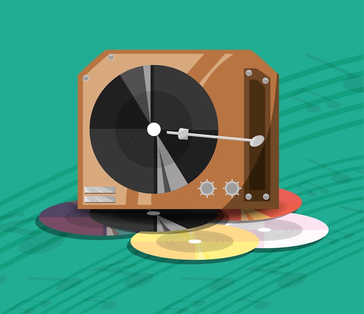 Vector tocadiscos con disco de vinilo.