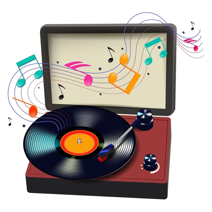 Vector tocadiscos retro con discos de vinilo y notas