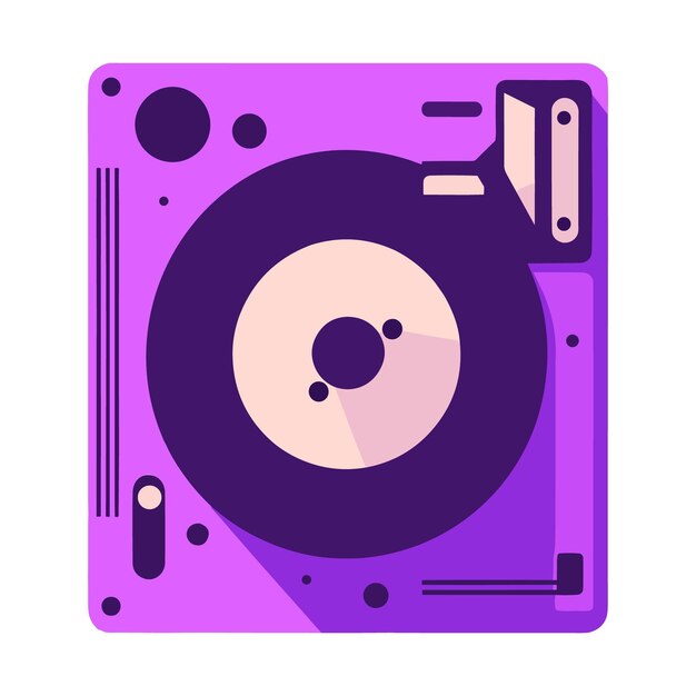 Un tocadiscos de vinilo morado con una etiqueta morada en el frente.