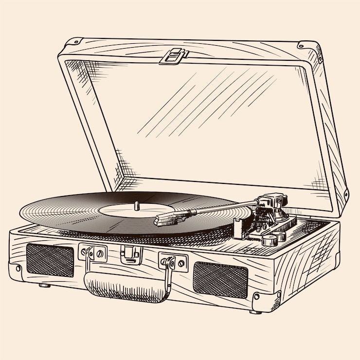 Vector tocadiscos vintage con altavoces incorporados y disco de vinilo en una maleta