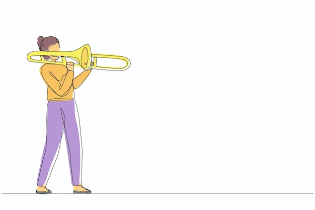 Tocadora de trombón con un solo dibujo de línea continua intérprete femenina toca un vector de diseño de instrumento de viento