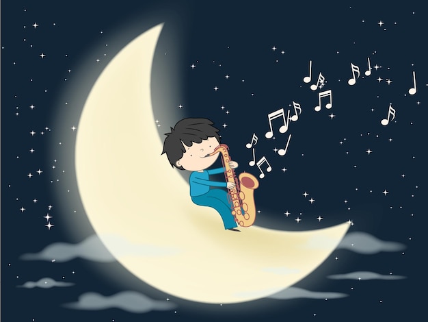 Tocando el saxofón en la luna en la noche con muchas estrellas Amor y pasión por la ilustración de vector de música