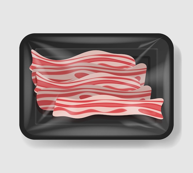 Tocino en recipiente de plástico con tapa de celofán. Contenedor de comida de plástico. ilustración.