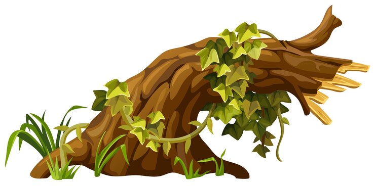 Tocón, tronco con ramas de liana, hiedra. Dibujos animados de madera rota y jungla enredadera.