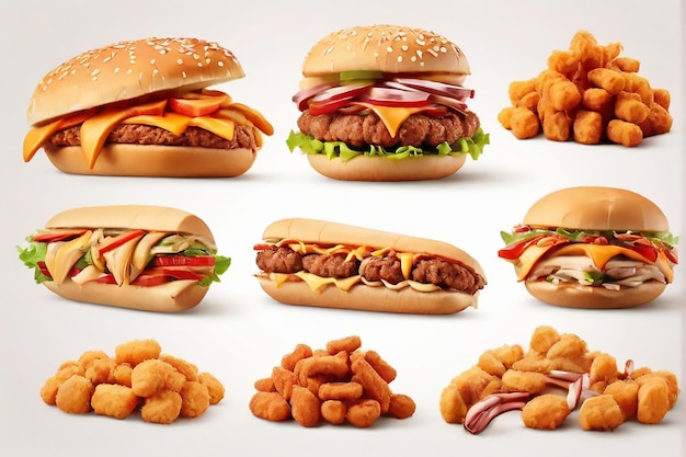 Vector toda la colección de comida rápida aislada sobre un fondo blanco pollo frito patatas hamburguesa pavo