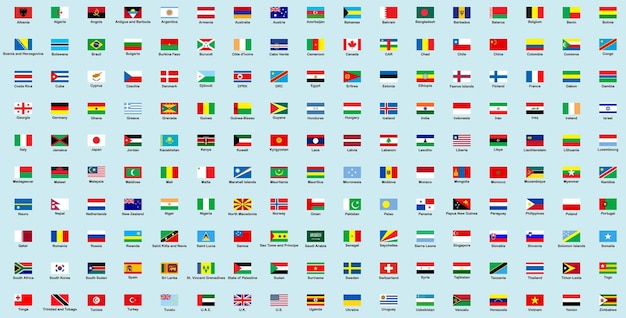Todas las banderas del mundo conjunto vectorial de iconos rectangulares Banderas de todos los países y continentes Banderas internacionales emblemas de países identidad global banderas nacionales símbolos geográficos