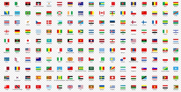 Todas las banderas del mundo con firmas conjunto vectorial de iconos rectangulares Banderas de todos los países y continentes Banderas internacionales emblemas de países identidad global banderas nacionales símbolos geográficos
