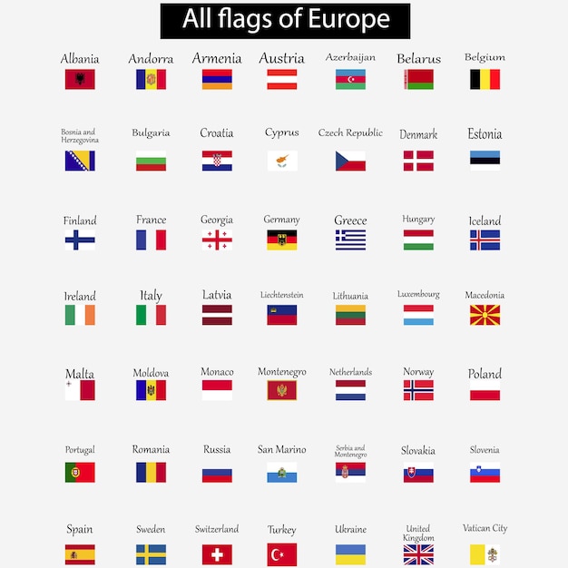 Todas las banderas con los nombres de los países europeos españa francia italia portugal rosia turquía ucrania y el resto